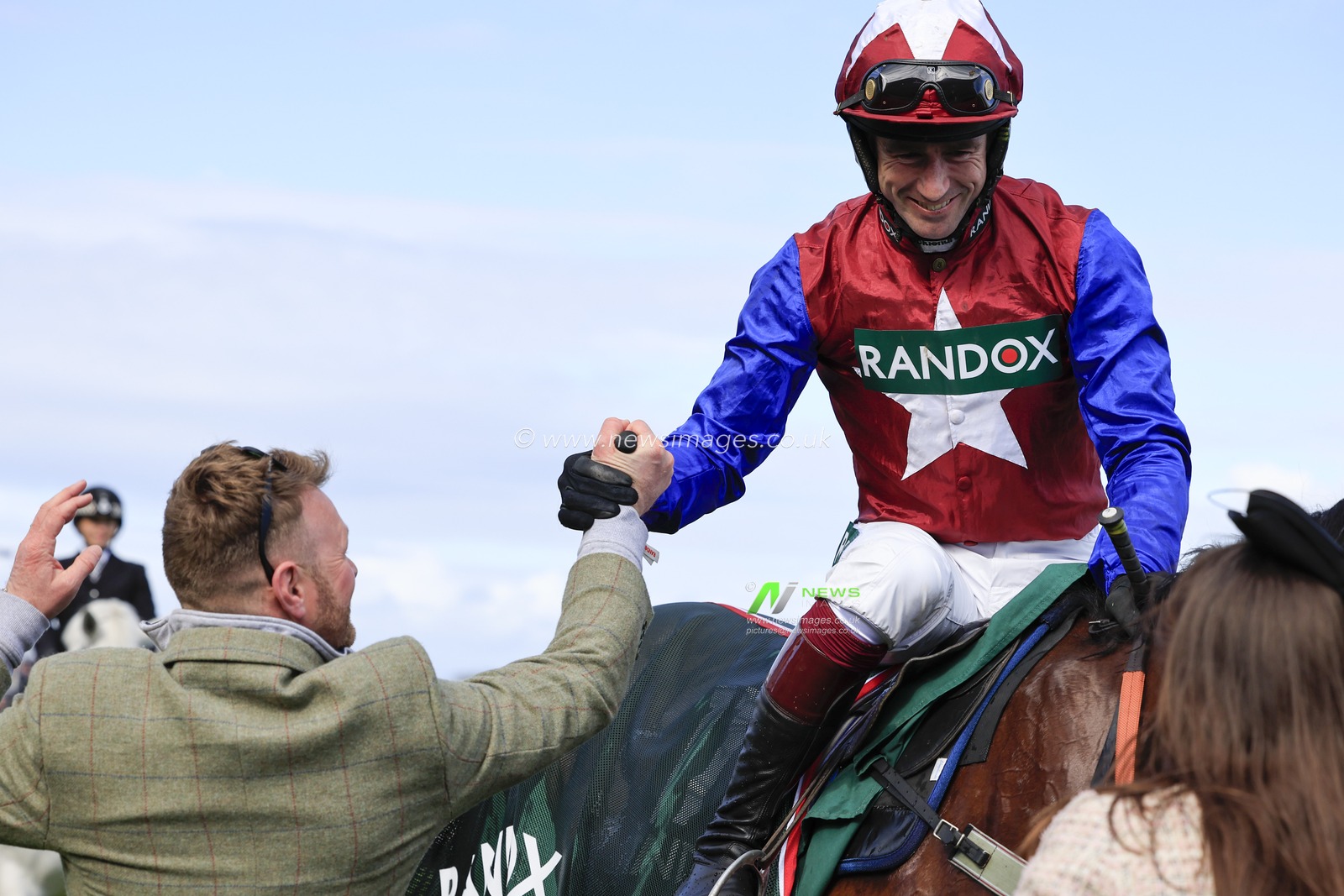 William Biddick celebrates winning The Randox Foxhunters Open Hunters Chase on Famous Clermont during the Randox Grand National festival 2023 Opening Day at Aintree Racecourse, Liverpool, United Kingdom, 13th April 2023

(Photo by Conor Molloy/News Images)
