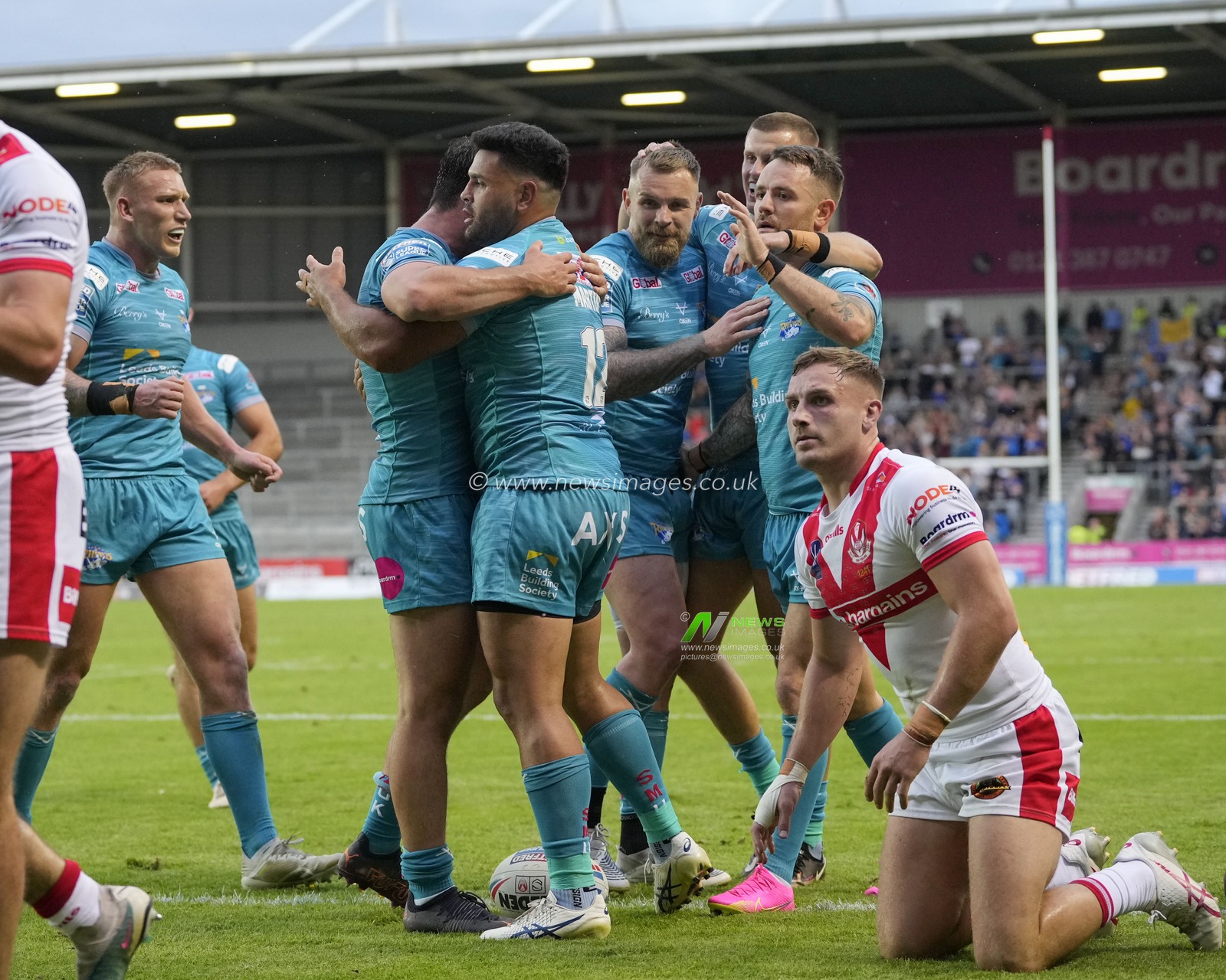 Rhyse Martin #12 of Leeds Rhinos celebrates after scoring a try during the Betfred Super League Round 20 match St Helens vs Leeds Rhinos at Totally Wicked Stadium, St Helens, United Kingdom, 28th July 2023

(Photo by Steve Flynn/News Images)