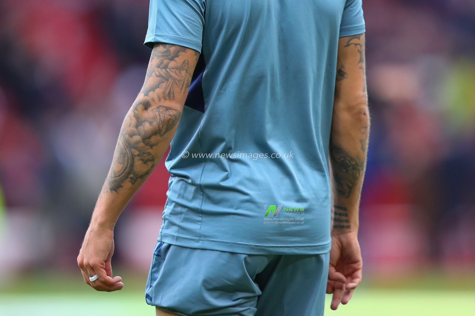 Tattoos of Lucas Digne #12 of Aston Villa during the pre-game warm up ahead of the Premier League match Nottingham Forest vs Aston Villa at City Ground, Nottingham, United Kingdom, 5th November 2023

(Photo by Gareth Evans/News Images)
