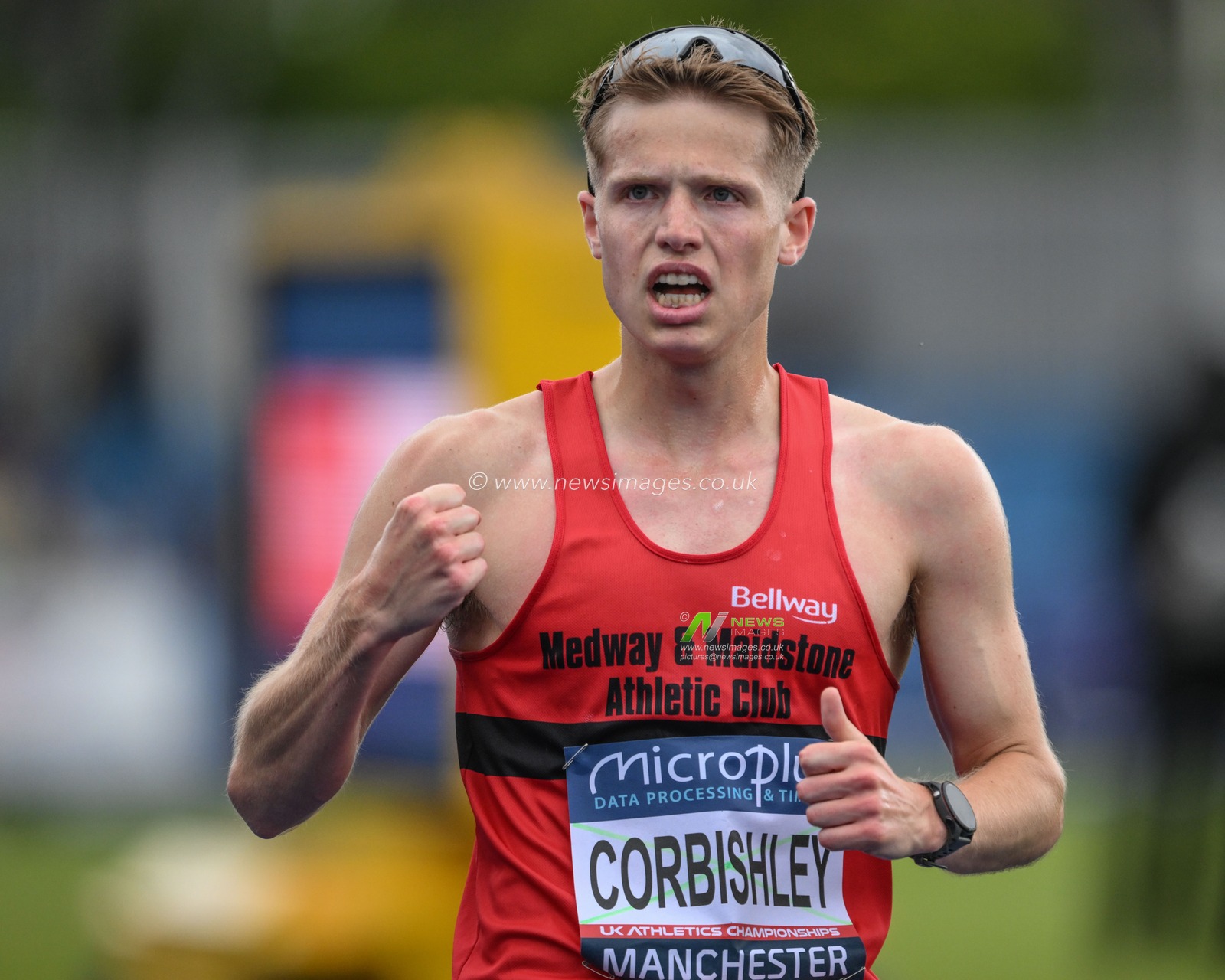 Cameron Corbishley celebrates coming second in the 10000m walk during the Microplus UK Athletics Championships Day 2 at Manchester Regional Arena, Manchester, United Kingdom, 30th June 2024

(Photo by Craig Thomas/News Images)