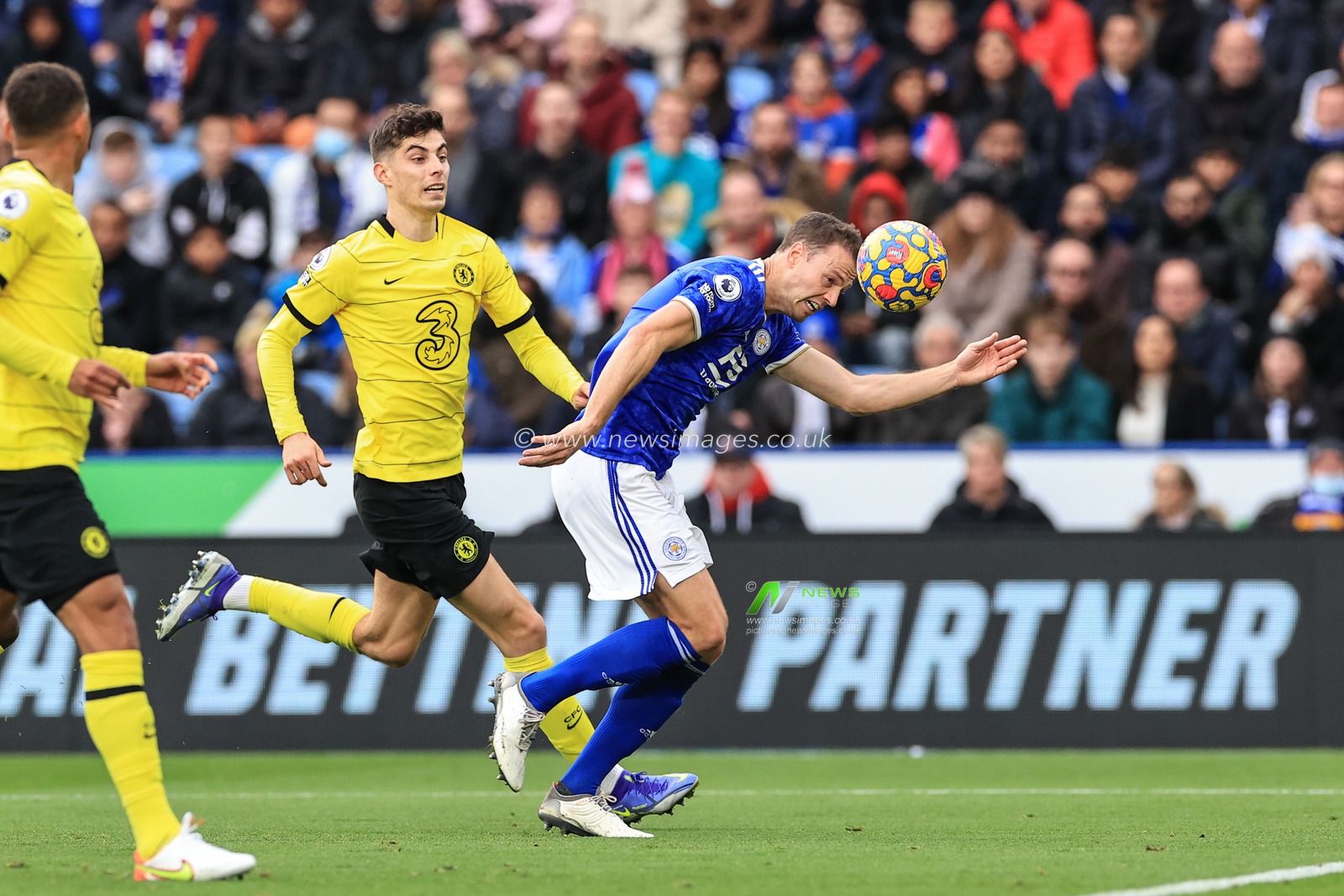 Jonny Evans #6 of Leicester City heads on goal, goes well wide of the net