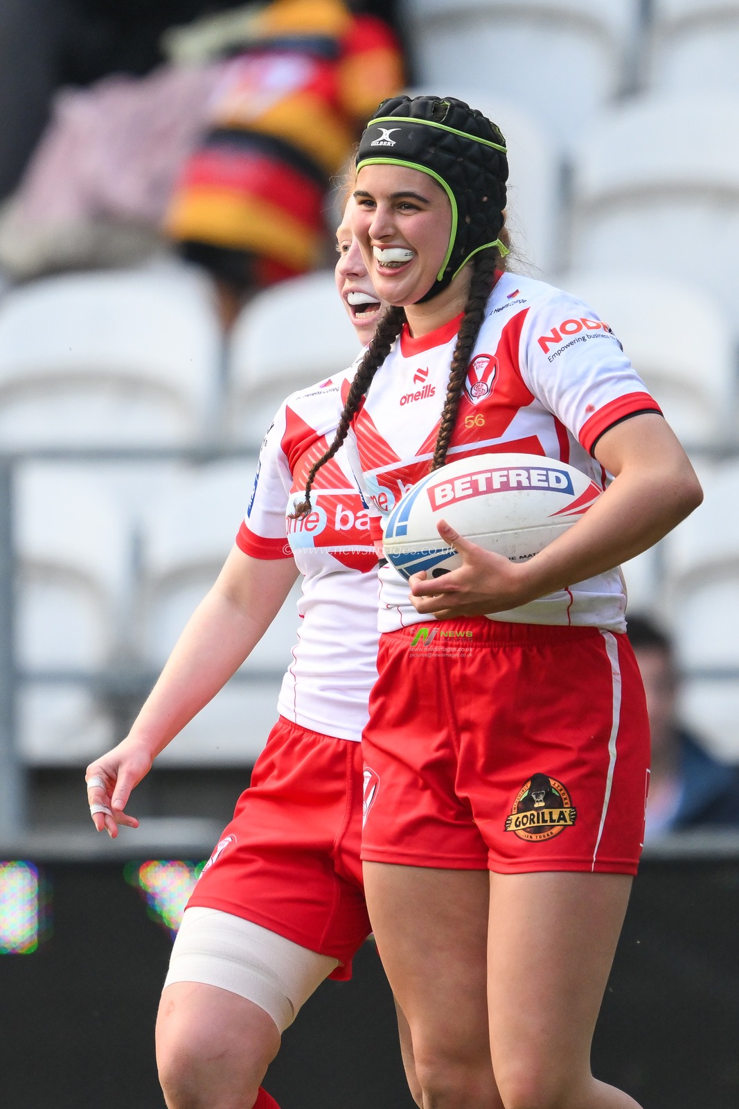 Beri Salihi of St Helens celebrates her try during the Betfred Women's Super League match St Helens vs Wigan Warriors at Totally Wicked Stadium, St Helens, United Kingdom, 31st May 2024

(Photo by Craig Thomas/News Images)