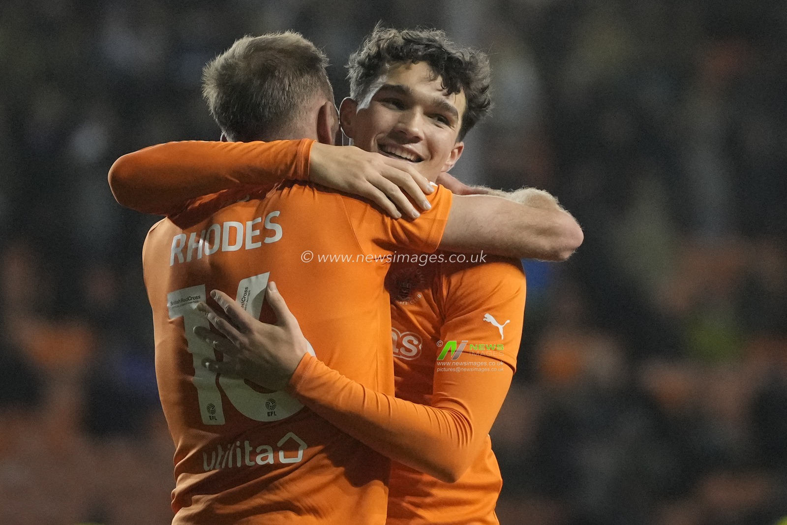 Jordan Rhodes #16 of Blackpool celebrates with Kyle Joseph #9 of Blackpool after scoring to make it 3-1 during the Sky Bet League 1 match Blackpool vs Bristol Rovers at Bloomfield Road, Blackpool, United Kingdom, 23rd December 2023

(Photo by Steve Flynn/News Images)