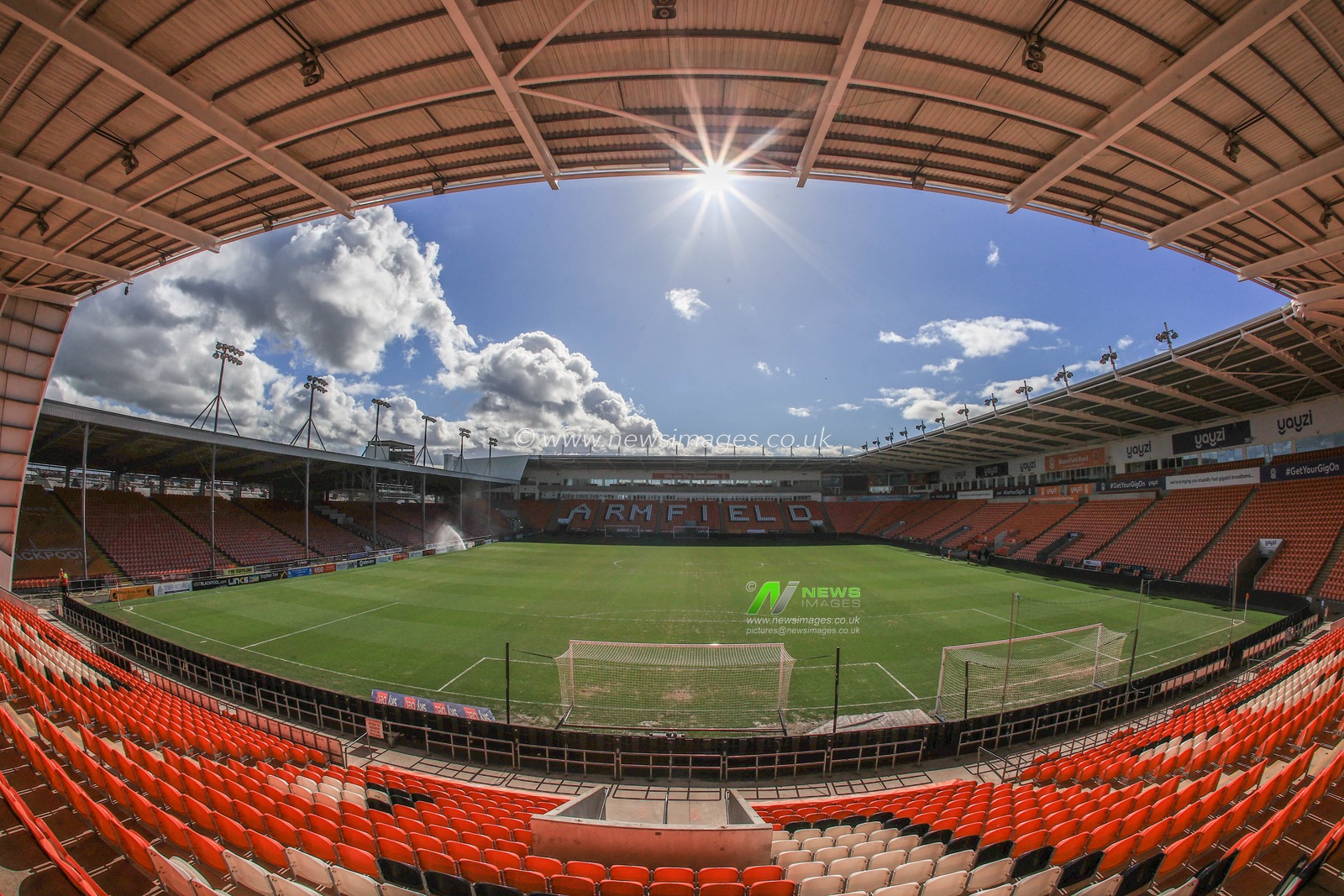The sun bursts over Bloomfield Road ahead of this afternoons Sky Bet Championship fixture, Blackpool vs Swansea City.