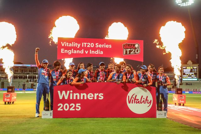 India lift the trophy after winning the series 2-3  during the 5th Vitality IT20 England Women vs India Women at Edgbaston, Birmingham, United Kingdom, 12th July 2025

(Photo by Izzy Poles/News Images)