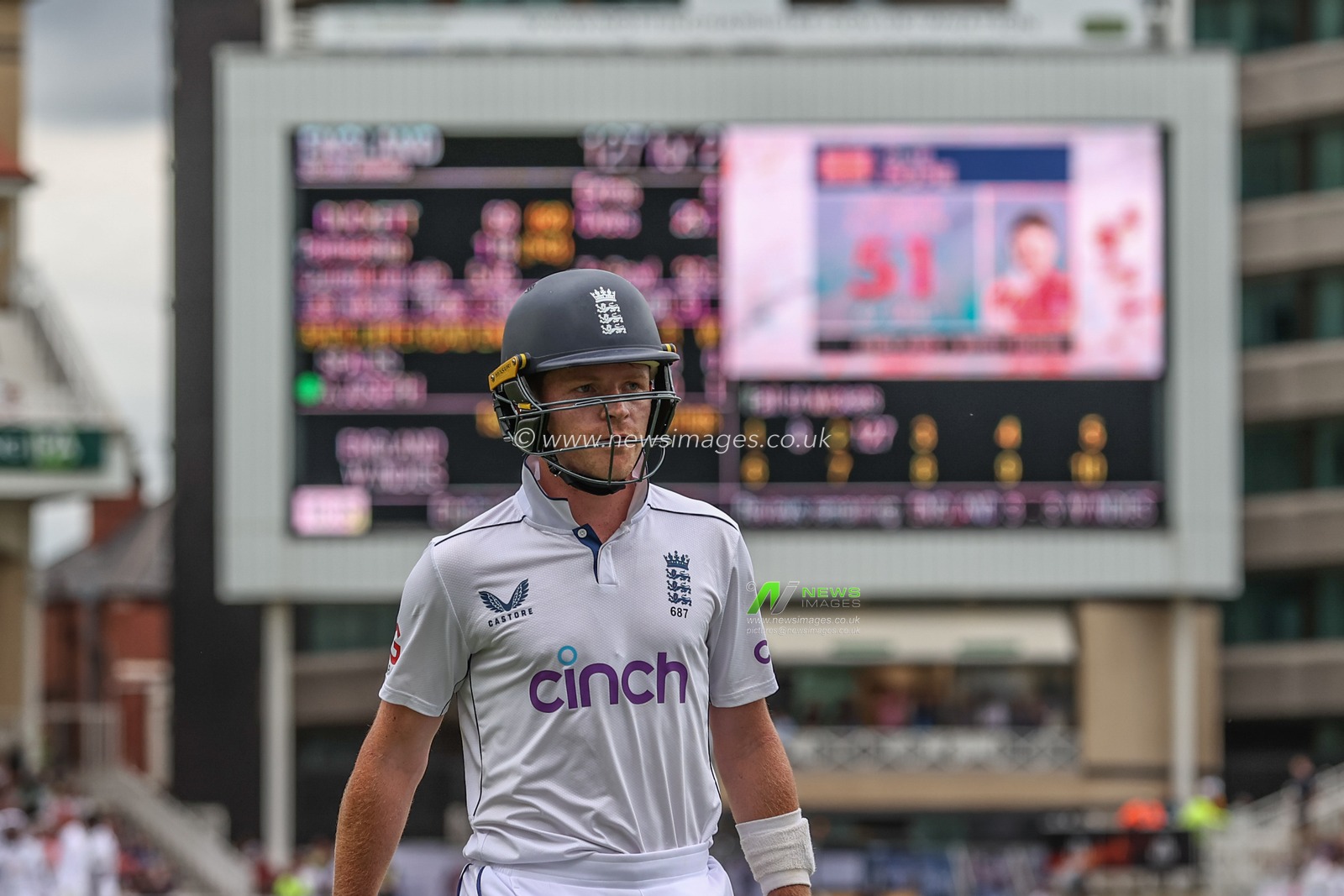 Ollie Pope of England leaves the field of play after losing his wicket during the Rothesay Test Match day three England vs West Indies at Trent Bridge, Nottingham, United Kingdom, 20th July 2024

(Photo by Mark Cosgrove/News Images)
