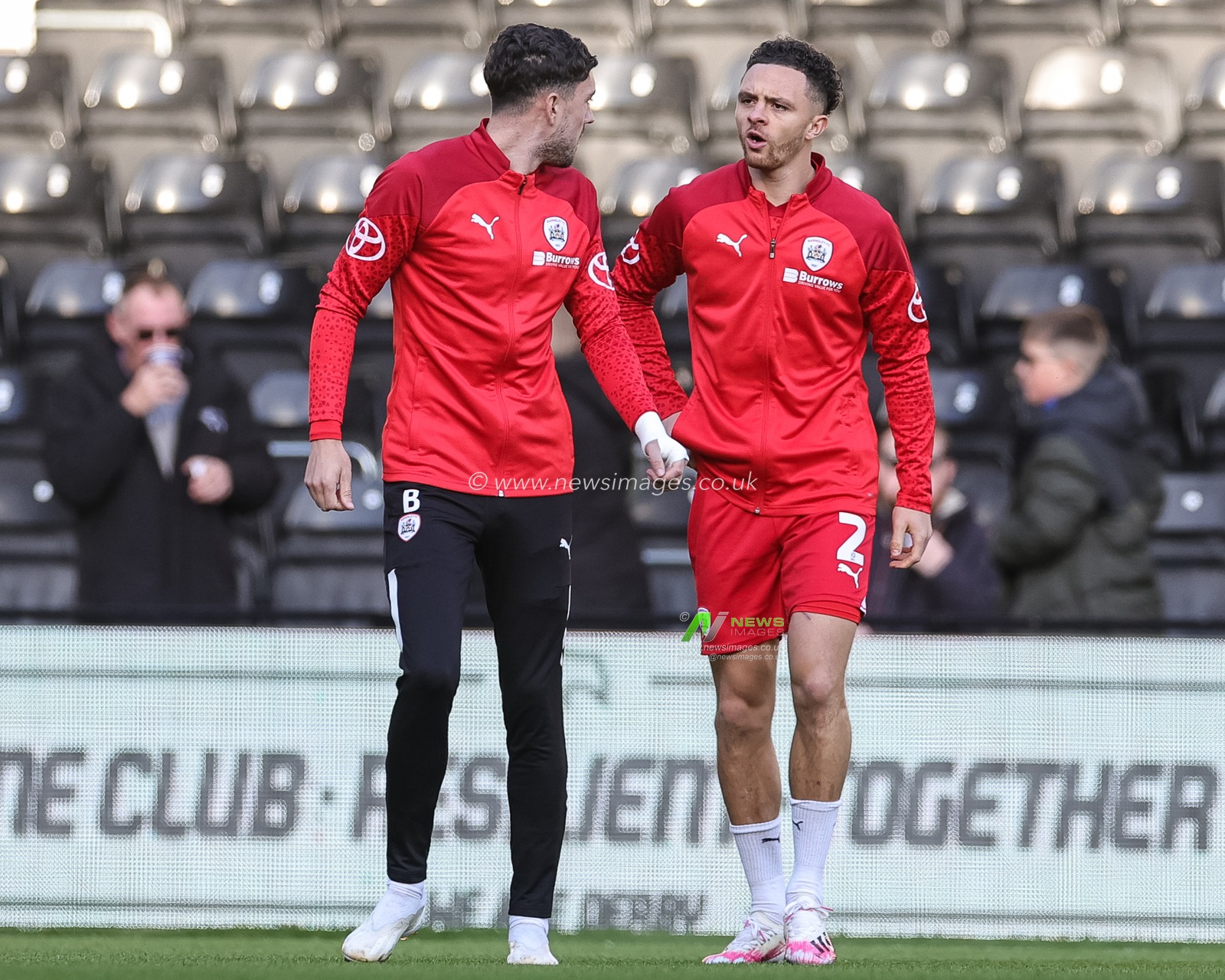 Corey O'Keeffe #22 of Barnsley and Jordan Williams #2 of Barnsley in the pregame warmup session during the Sky Bet League 1 match Derby County vs Barnsley at Pride Park Stadium, Derby, United Kingdom, 11th November 2023

(Photo by Mark Cosgrove/News Images)