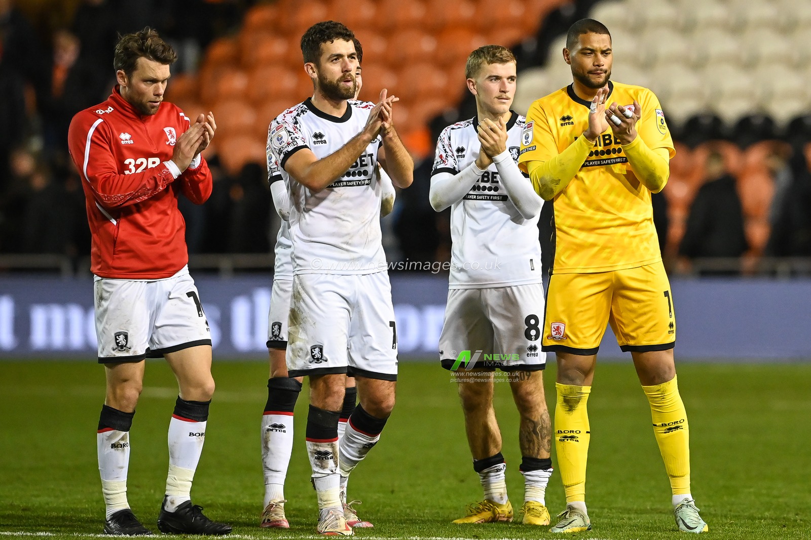 Middlesbrough players applaud the fans at the end of the  Sky Bet Championship match Blackpool vs Middlesbrough at Bloomfield Road, Blackpool, United Kingdom, 8th November 2022

(Photo by Craig Thomas/News Images)