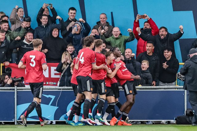 Godwill Kukonki of Manchester United U18's celebrates his goal to make it 1-1 during the FA Youth Cup Final match Manchester City U18 vs Manchester United U18 at Joie Stadium, Manchester, United Kingdom on 14 May 2026

(Photo by Mark Cosgrove/News Images)