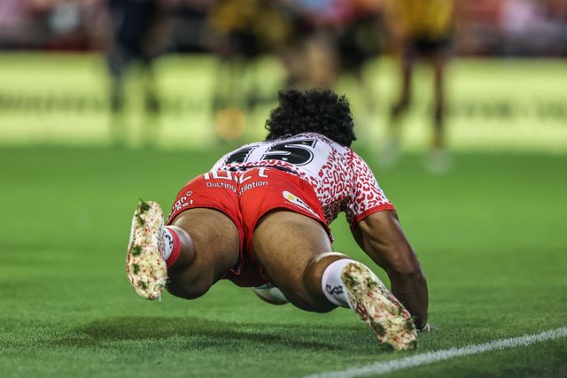 Alec Tuitavake of Leigh Leopards goes over for a try during the Betfred Super League round 25 match Leigh Leopards vs Castleford Tigers at Leigh Sports Village, Leigh, United Kingdom, 28th August 2025

(Photo by Alfie Cosgrove/News Images)