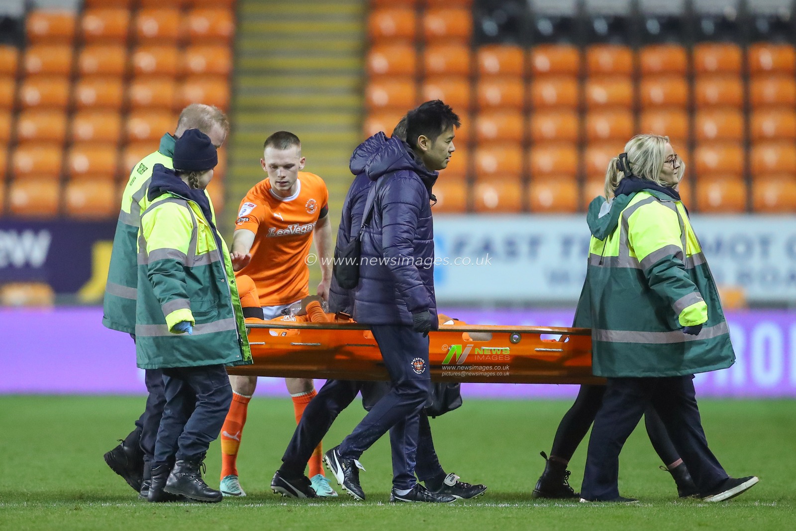 Tayt Trusty #42 of Blackpool is stretchered off during the Bristol Street Motors Trophy match Blackpool vs Morecambe at Bloomfield Road, Blackpool, United Kingdom, 14th November 2023

(Photo by Gareth Evans/News Images)