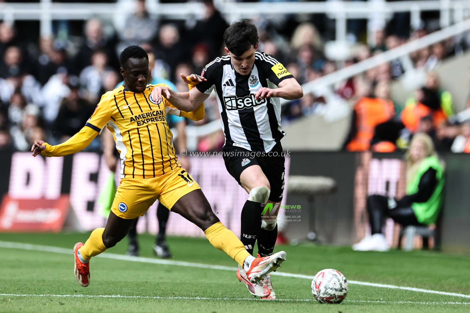 Yankuba Minteh of Brighton & Hove Albion tackles Tino Livramento of Newcastle United during the Emirates FA Cup 5th Round Newcastle United vs Brighton and Hove Albion at St. James's Park, Newcastle, United Kingdom, 2nd March 2025

(Photo by Mark Cosgrove/News Images)