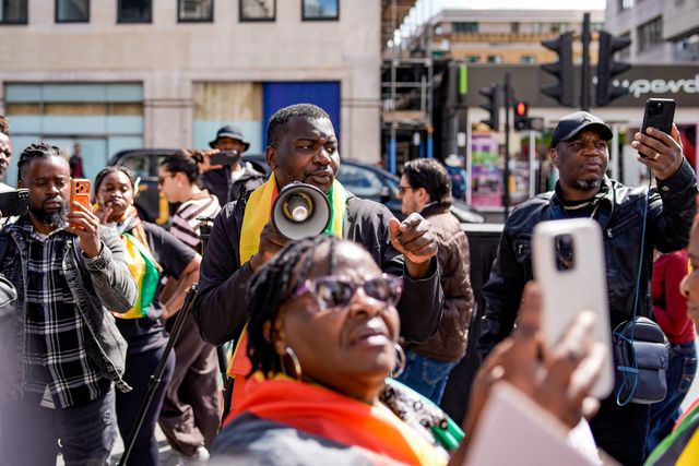 Former political detainees Makomborero Haruzviseh and Shepherd Yuda outside the embassy as UK-based Zimbabweans gather outside the Zimbabwe Embassy in London on 18 April 2026 to protest the Constitution of Zimbabwe Amendment (No. 3) Bill, which critics say would extend President Mnangagwa’s rule until 2030 and strip citizens of the direct vote for president.

(Photo by Maynard Manyowa/News Images)