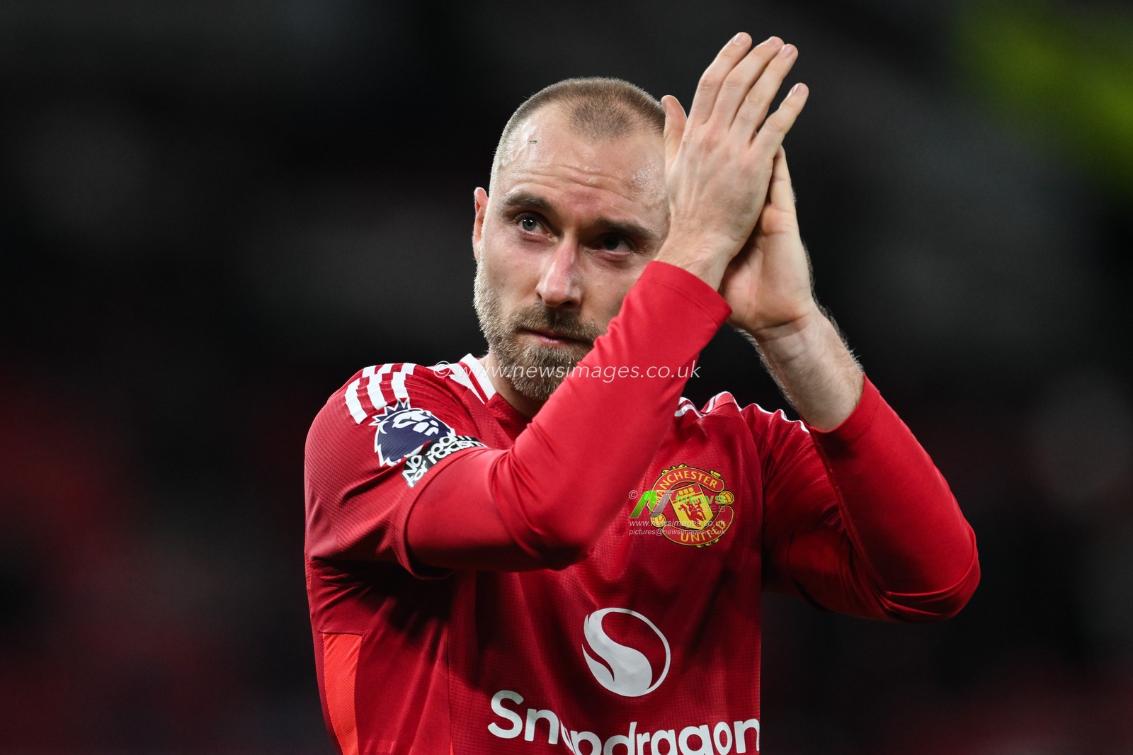 Christian Eriksen of Manchester United applauds the home fans after the Premier League match Manchester United vs Newcastle United at Old Trafford, Manchester, United Kingdom, 30th December 2024

(Photo by Craig Thomas/News Images)
