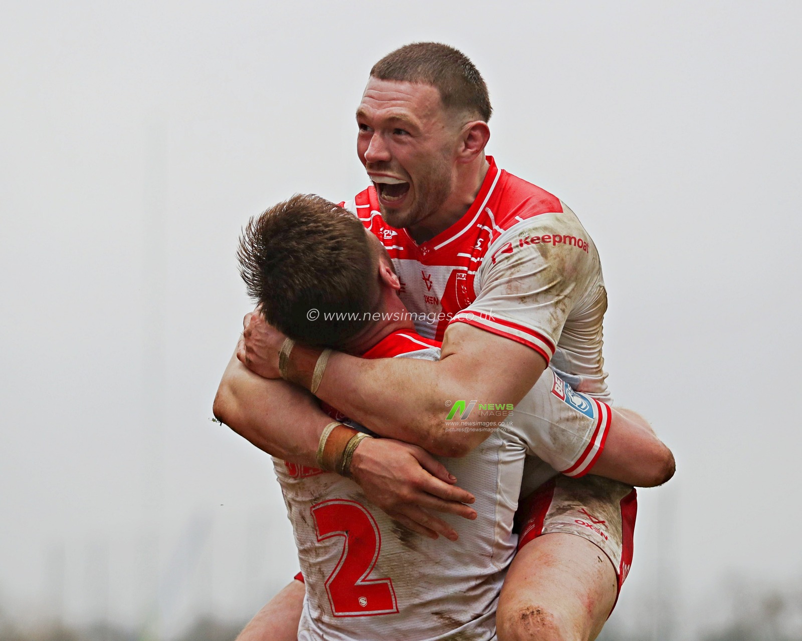 James Batchelor of Hull KR celebrates with Tom Davies of Hull KR during the Betfred Super League Round 5 match Hull KR vs Leigh Leopards at Sewell Group Craven Park, Kingston upon Hull, United Kingdom, 22nd March 2025

(Photo by Sam Eaden/News Images)