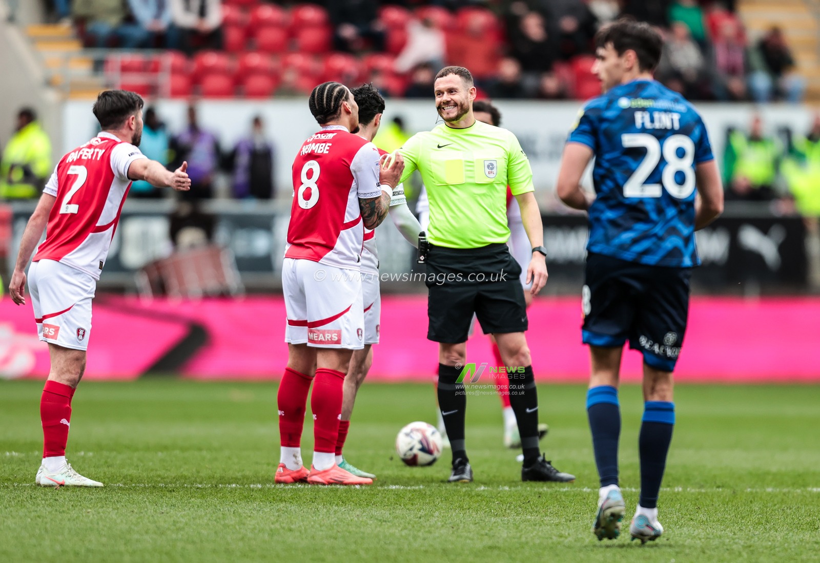 Referee Leigh Doughty speaks to Sam Nombe of Rotherham United during the Sky Bet League 1 match Rotherham United vs Crawley Town at New York Stadium, Rotherham, United Kingdom, 29th March 2025

(Photo by Richard Bierton/News Images)