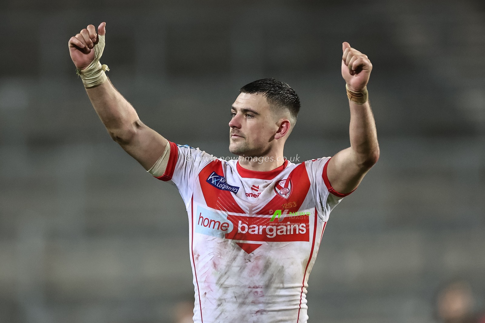 Lewis Dodd of St. Helens celebrates the win with the fans during the Betfred Super League Round 3 match St Helens vs Leigh Leopards at Totally Wicked Stadium, St Helens, United Kingdom, 1st March 2024

(Photo by Mark Cosgrove/News Images)
