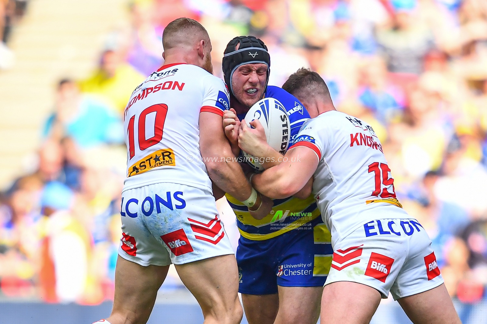 24th August 2019 , Wembley Stadium, London England ; 2019 Coral Challenge Cup Final ; St Helens vs Warrington Wolves ; Chris Hill of Warrington Wolves is tackled by Luke Thompson (10) of St Helens 



Credit: Craig Thomas/News Images