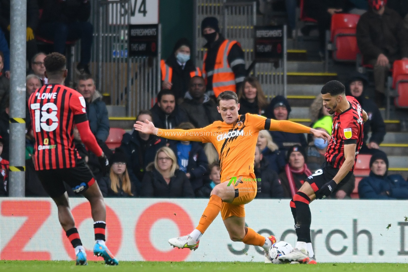 Dominic Solanke #9 of Bournemouth has a shot at goal