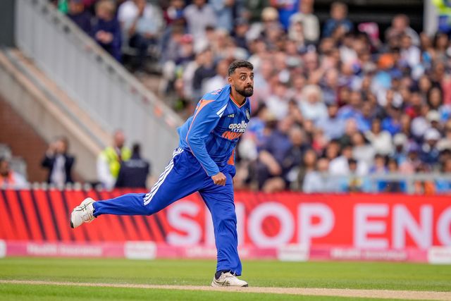 Varun Chakravarthy of India delivers the ball  during the Second Vitality T20 International match England vs India at Old Trafford, Manchester, United Kingdom on 04 July 2026

(Photo by Maynard Manyowa/News Images)