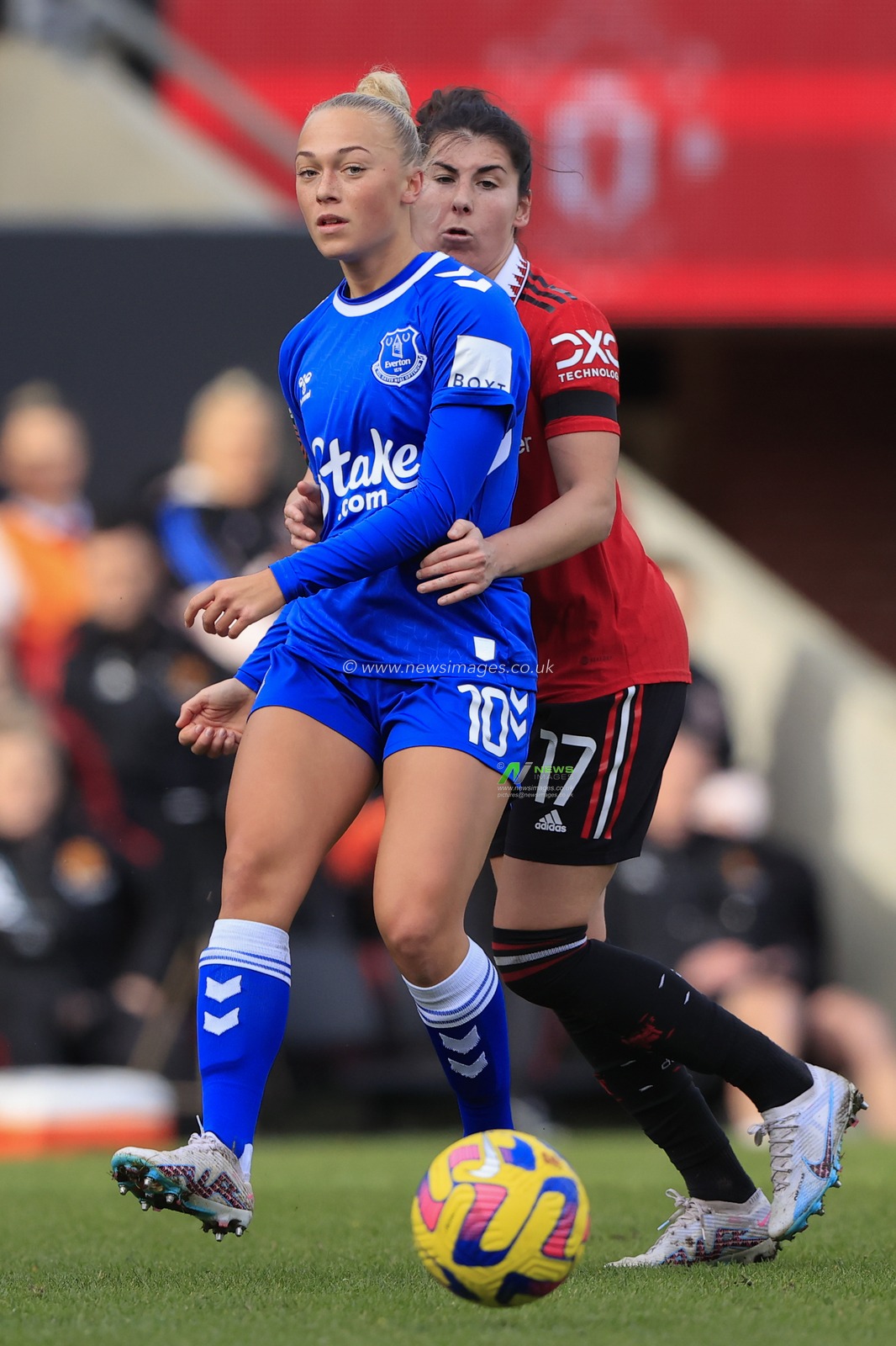 Hanna Bennison #10 of Everton is marked closely by Lucia Garcia #17 of Manchester Unitedduring the The FA Women's Super League match Manchester United Women vs Everton Women at Leigh Sports Village, Leigh, United Kingdom, 5th February 2023

(Photo by Conor Molloy/News Images)