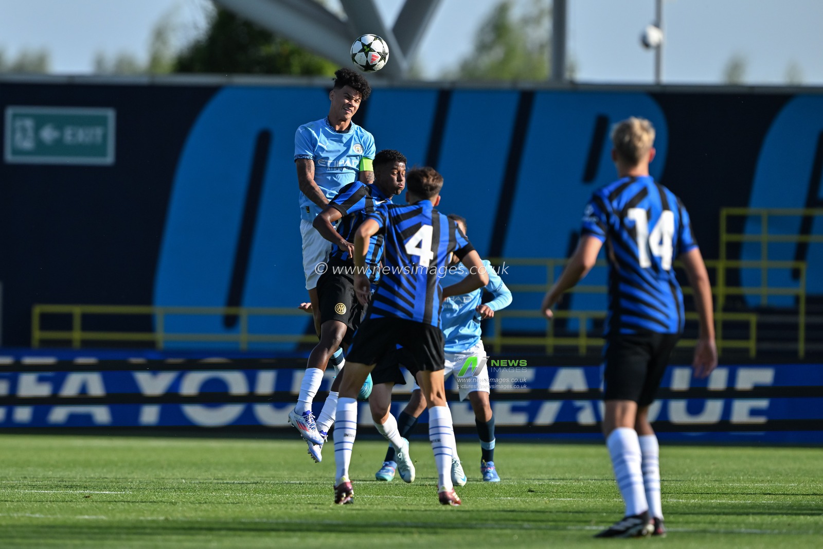 Nico Oâ€™Reilly of Manchester City heads the ball during the UEFA Youth League match Manchester City vs Inter Milan at Joie Stadium, Manchester, United Kingdom, 18th September 2024

(Photo by Cody Froggatt/News Images)