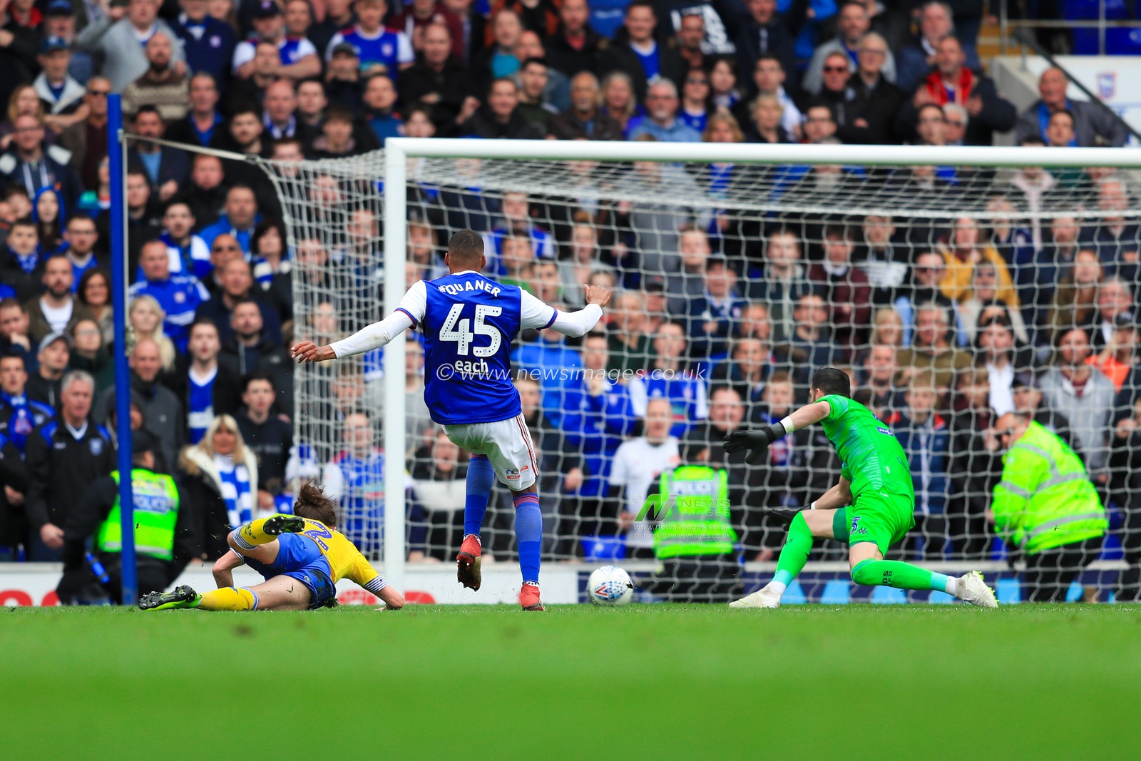 5th May 2019, Portman Road, Ipswich, England; Sky Bet Championship Ipswich Town vs Leeds United  ; Collin Quaner (45) of Ipswich Town makes the most of a blunder by Kiko Casilla (33) of Leeds Utd to score the winning goal, making it 3-2.


Credit: Georgie Kerr/News Images,

English Football League images are subject to DataCo Licence