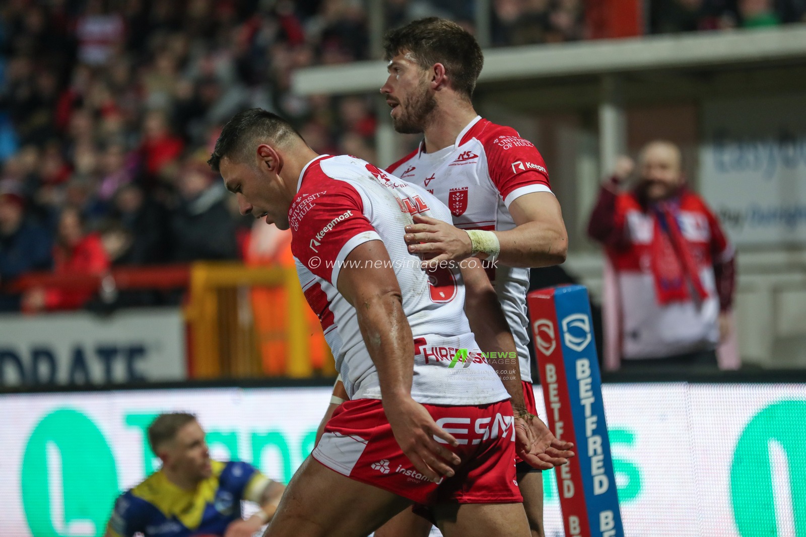Ryan Hall of Hull KR celebrates his try during the Betfred Super League Round 4 match Hull KR vs Warrington Wolves at Sewell Group Craven Park, Kingston upon Hull, United Kingdom, 7th March 2024

(Photo by Alfie Cosgrove/News Images)