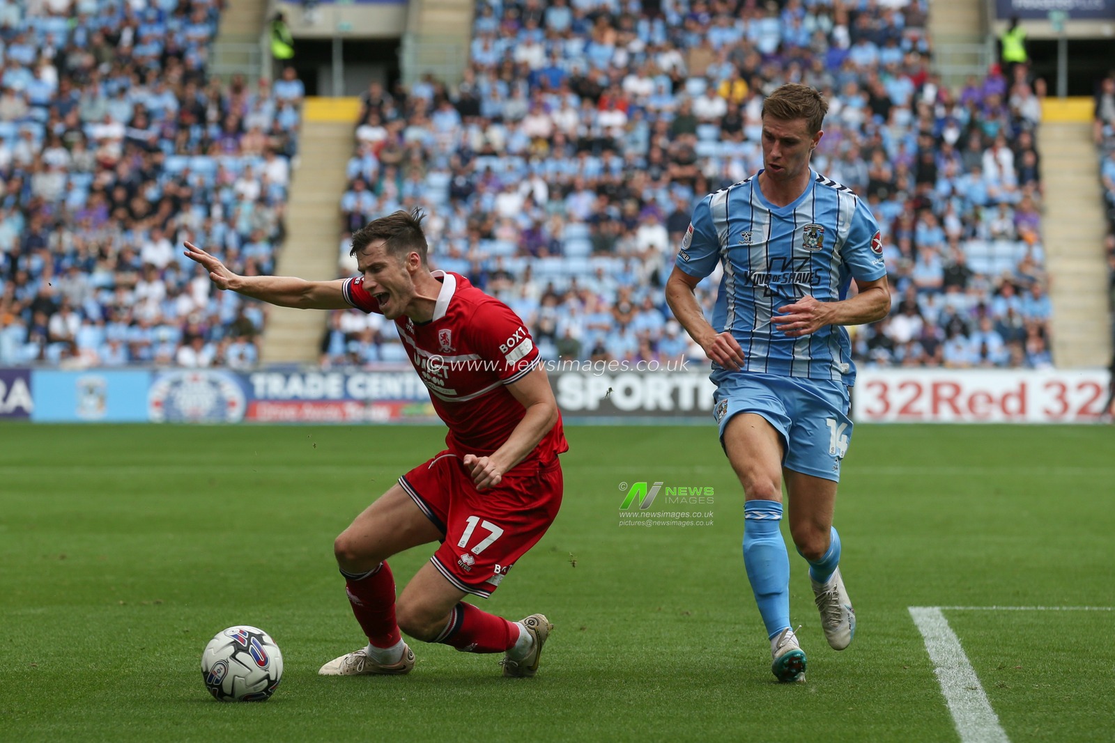 Paddy McNair #17 of Middlesbrough tumbles in the box during the Sky Bet Championship match Coventry City vs Middlesbrough at Coventry Building Society Arena, Coventry, United Kingdom, 12th August 2023

(Photo by Arron Gent/News Images)