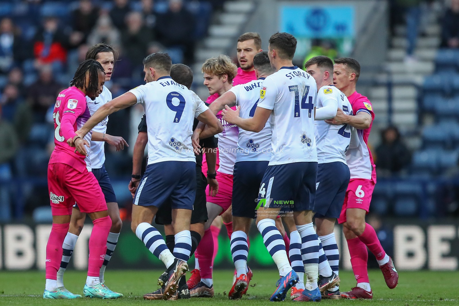 Tempers boil over for both sets of players during the Sky Bet Championship match Preston North End vs Huddersfield Town at Deepdale, Preston, United Kingdom, 26th December 2022

(Photo by Gareth Evans/News Images)