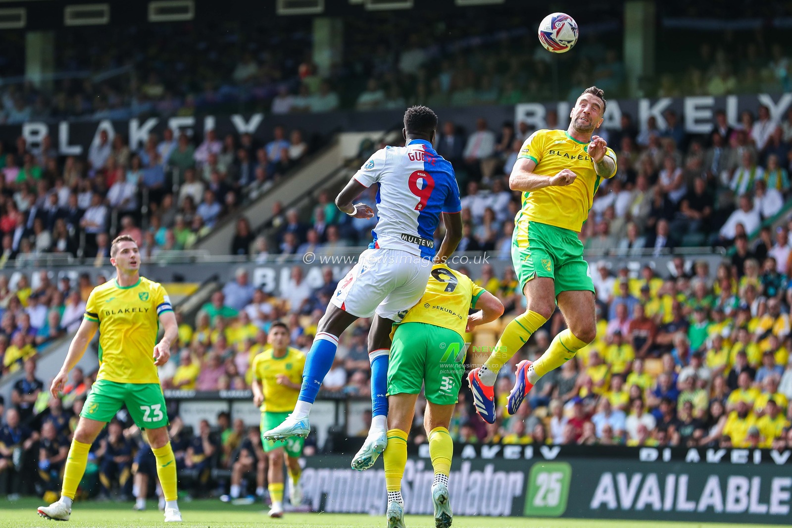 Shane Duffy of Norwich City heads the ball during the Sky Bet Championship match Norwich City vs Blackburn Rovers at Carrow Road, Norwich, United Kingdom, 17th August 2024

(Photo by Izzy Poles/News Images)