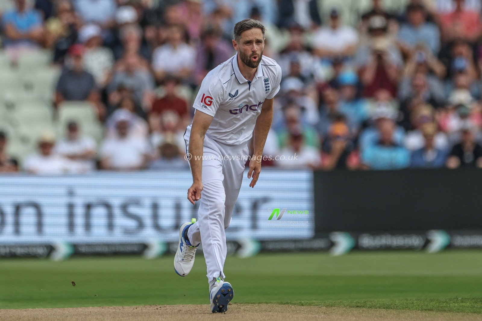Chris Woakes of England delivers the ball during the 3rd Rothesay Test Match Day One match England vs West Indies at Edgbaston, Birmingham, United Kingdom, 26th July 2024

(Photo by Mark Cosgrove/News Images)