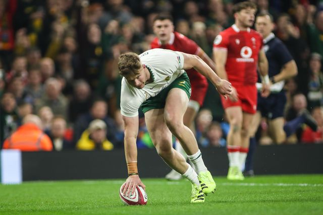 Ethan Hooker of South Africa scores a try for his team during the Quilter Nations Series 2025 match Wales vs South Africa at Principality Stadium, Cardiff, United Kingdom, 29th November 2025

(Photo by Andrew Lewis/News Images)

*** GER AUT SUI OUT ***