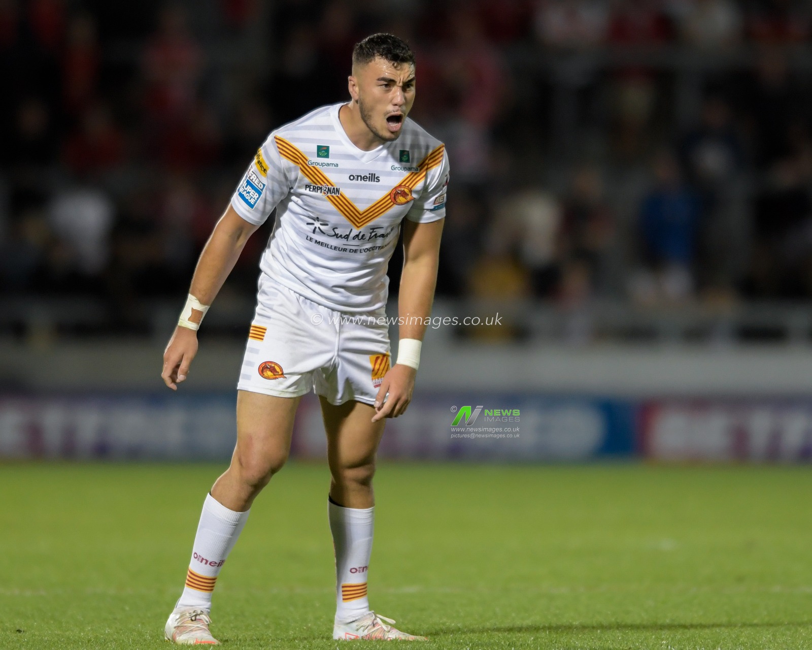 Joe Chan (27) of Catalans Dragons in action during the game