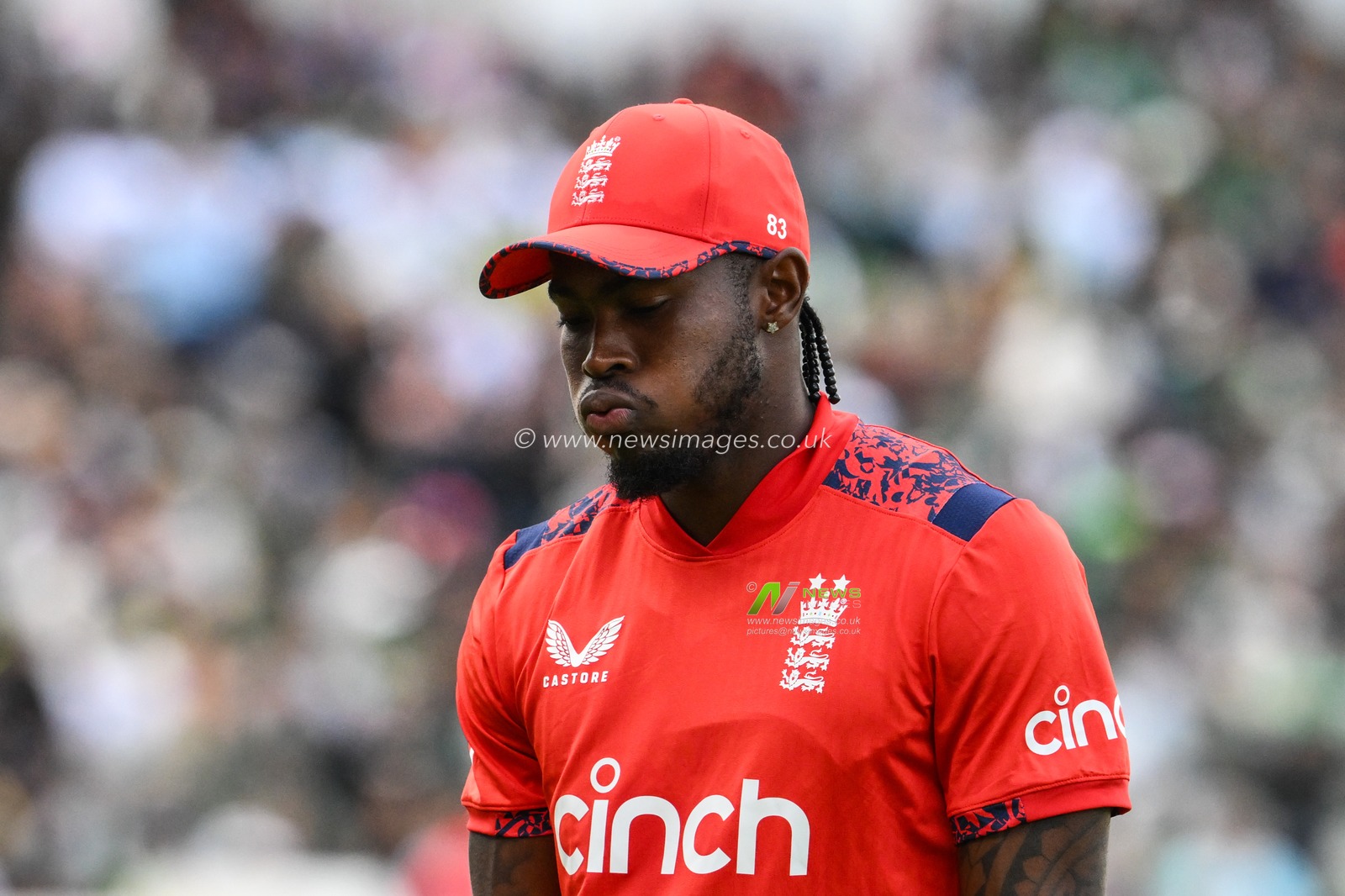 Jofra Archer of England reacts during the Vitality T20 International Series match England vs Pakistan at Edgbaston, Birmingham, United Kingdom, 25th May 2024

(Photo by Craig Thomas/News Images)