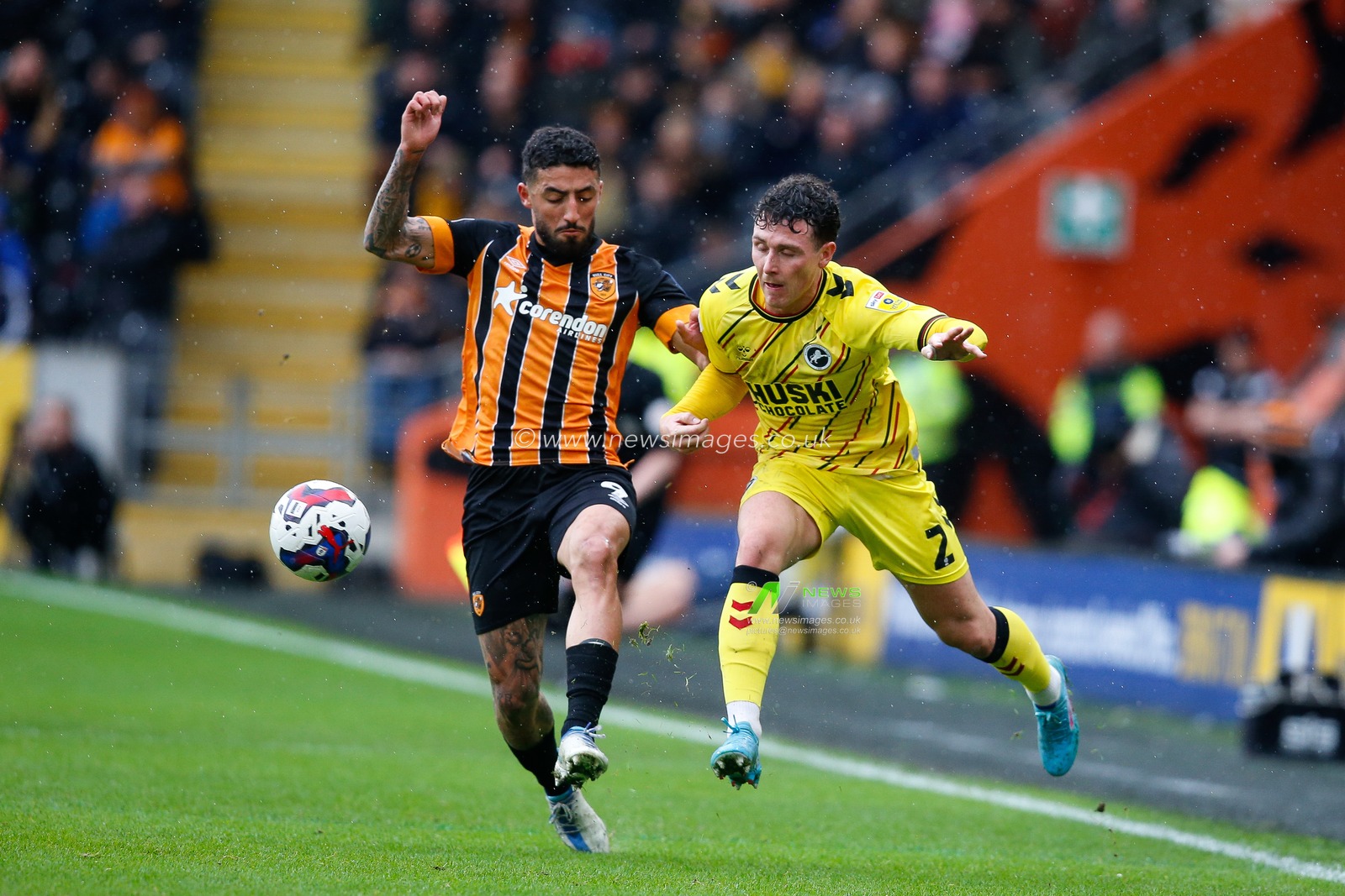 Danny McNamara #2 of Millwall and Allahyar Sayyadmanesh #9 of Hull City during the Sky Bet Championship match Hull City vs Millwall at MKM Stadium, Hull, United Kingdom, 10th April 2023

(Photo by Ben Early/News Images)