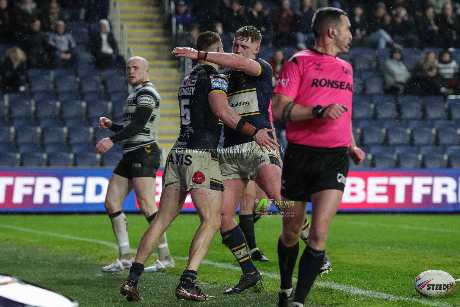 Ash Handley #5 of Leeds Rhinos celebrates his try and makes the score 10-0 during the Betfred Super League Round 9 match Leeds Rhinos vs Hull FC at Headingley Stadium, Leeds, United Kingdom, 14th April 2023

(Photo by James Heaton/News Images)