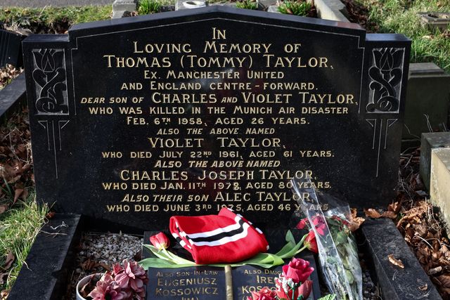 A general view of former Barnsley FC and Manchester United and England international forward Tommy Taylor grave and headstone 67 years after 23 passengers 8 of whom were Manchester United players sadly lost their lives in the Munich Air disaster on the 6th of February 1958;  Monk Bretton Cemetery, Monk Bretton, Barnsley, United Kingdom, 6th February 2025.

(Photo by Mark Cosgrove/News Images)