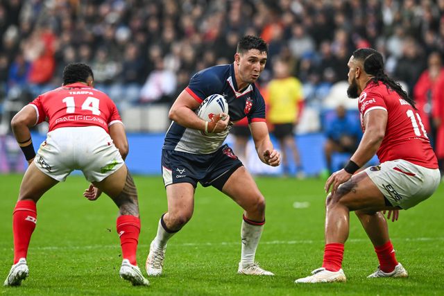 Victor Radley of England makes a break during the Rugby League International match England vs Tonga at John Smith's Stadium, Huddersfield, United Kingdom, 28th October 2023

(Photo by Craig Thomas/News Images)