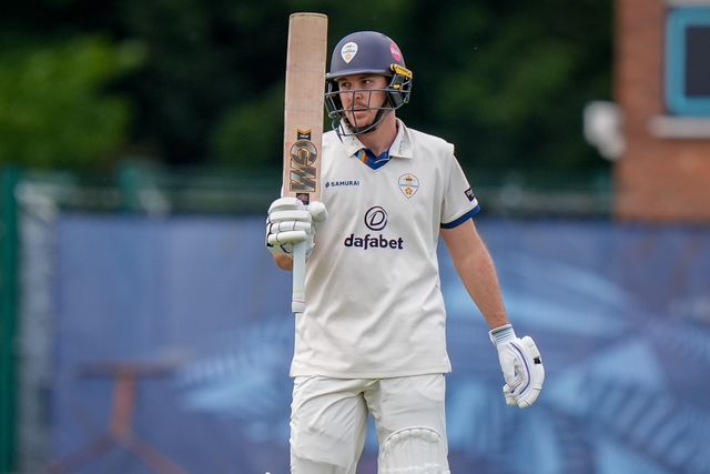 Matthew Montgomery of Derbyshire raises his bat after scoring a 50 during the County Championship Division Two Derbyshire vs Northamptonshire day one match at The Central Co-Op County Ground, Derby, United Kingdom on 08 May 2026

(Photo by Maynard Manyowa/News Images)