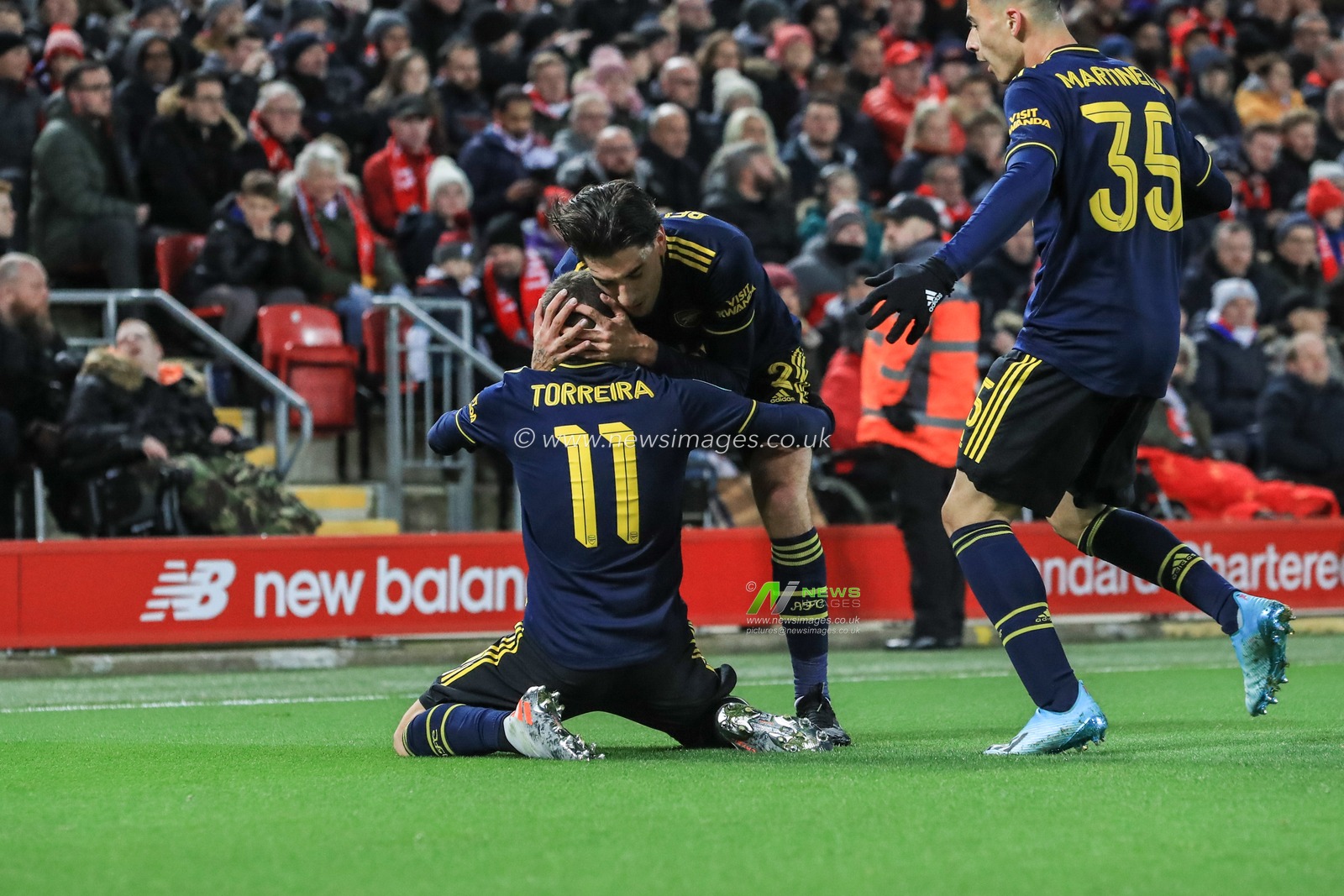 30th October 2019, Anfield, Liverpool, England; Carabao Cup, Liverpool v Arsenal : Lucas Torreira (11) of Arsenal celebrates his goal to make it 1-1
Credit: Mark Cosgrove/News Images