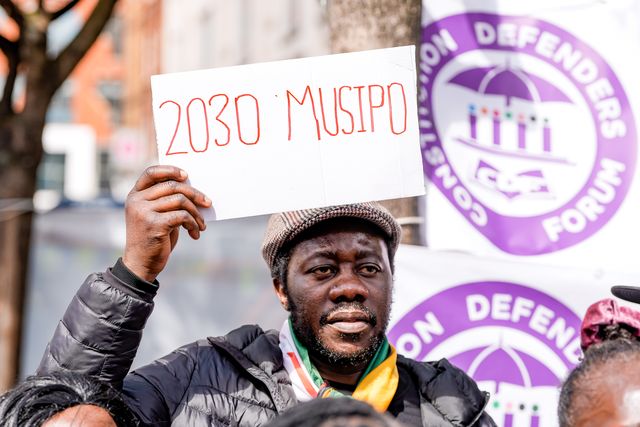 UK-based Zimbabweans gather outside the Zimbabwe Embassy in London on 18 April 2026 to protest the Constitution of Zimbabwe Amendment (No. 3) Bill, which critics say would extend President Mnangagwa’s rule until 2030 and strip citizens of the direct vote for president.