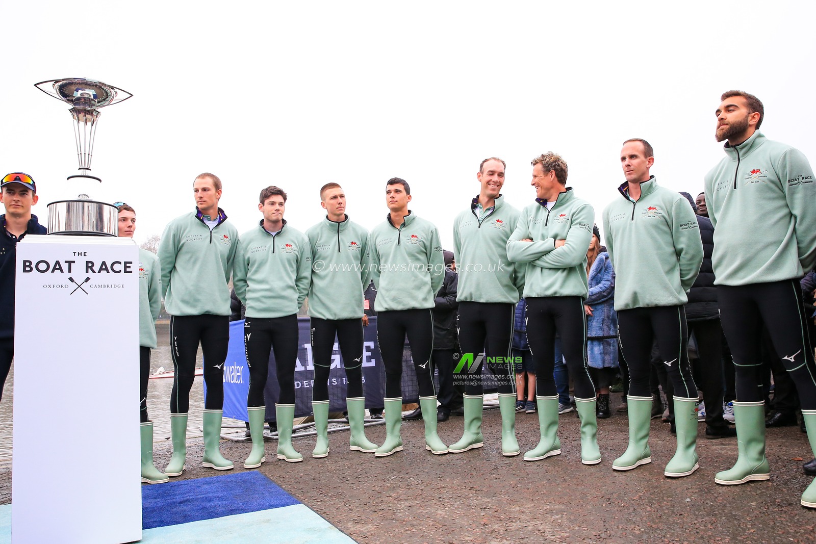 7th April 2019 , River Thames, London, England ; The Boat Race 2019, Menâ€™s race ; The 2019 Cambridge Men's team line up ahead of the coin toss.


Credit Georgie Kerr/News Images