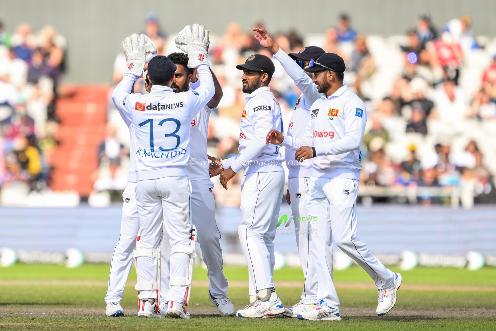 Asitha Fernando of Sri Lanka celebrates the wicket of Ben Duckett of England caught by Kusal Mendis of Sri Lanka during the England Men v Sri Lanka 1st Rothesay Test Match Day 4 at Old Trafford, Manchester, United Kingdom, 24th August 2024

(Photo by Craig Thomas/News Images)