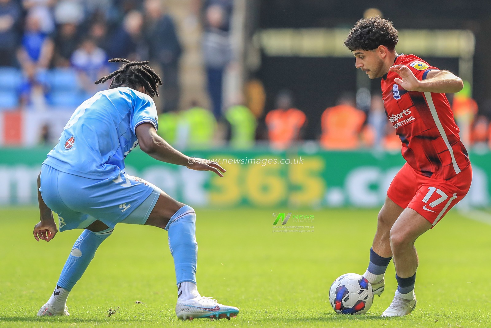 Brooke Norton-Cuffy #7 of Coventry City pressures as Reda Khadra #17 of Birmingham City holds the ball during the Sky Bet Championship match Coventry City vs Birmingham City at Coventry Building Society Arena, Coventry, United Kingdom, 29th April 2023

(Photo by Alfie Cosgrove/News Images)