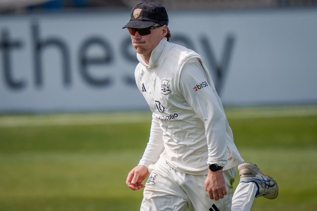 Ben Charlesworth throws the ball during the County Championship Division Two Derbyshire v Gloucestershire at The Central Co-Op County Ground, Derby, United Kingdom on 26 April 2026

(Photo by Maynard Manyowa/News Images)