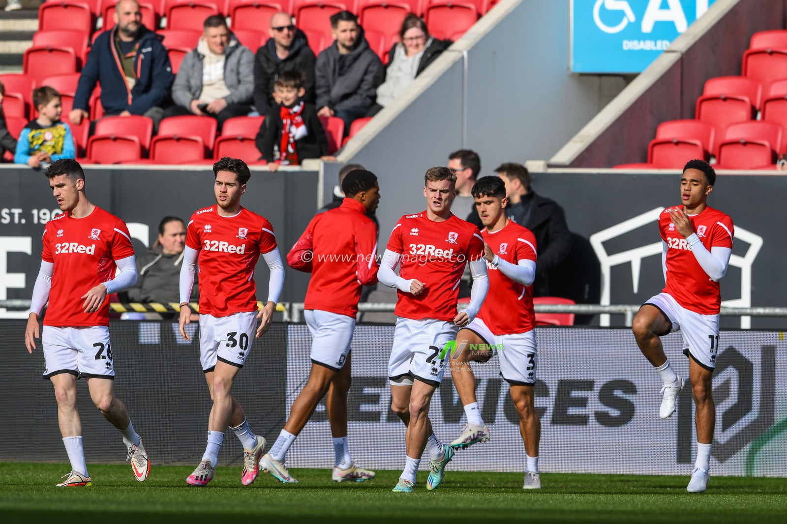 Middlesbrough players during the pre-game warmup ahead of the Sky Bet Championship match Bristol City vs Middlesbrough at Ashton Gate, Bristol, United Kingdom, 10th April 2023

(Photo by Craig Thomas/News Images)
