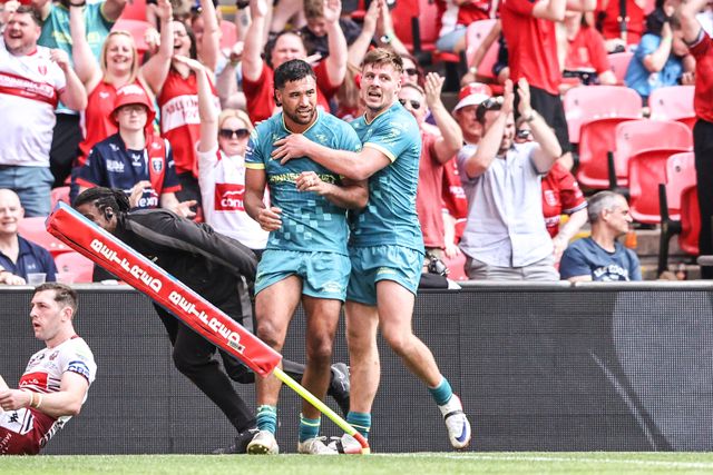 Peta Hiku of Hull KR celebrates his try during the Betfred Challenge Cup Final match Wigan Warriors vs Hull KR at Wembley Stadium, London, United Kingdom on 30 May 2026

(Photo by Alfie Cosgrove/News Images)