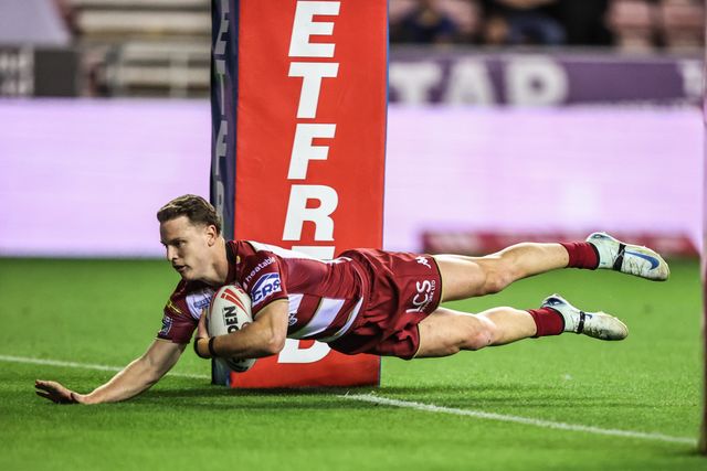 Jai Field of Wigan Warriors goes over for a try to make it 10-0 during the Betfred Super League Round 26 match Wigan Warriors vs Castleford Tigers at The Brick Community Stadium, Wigan, United Kingdom, 12th September 2025

(Photo by Alfie Cosgrove/News Images)