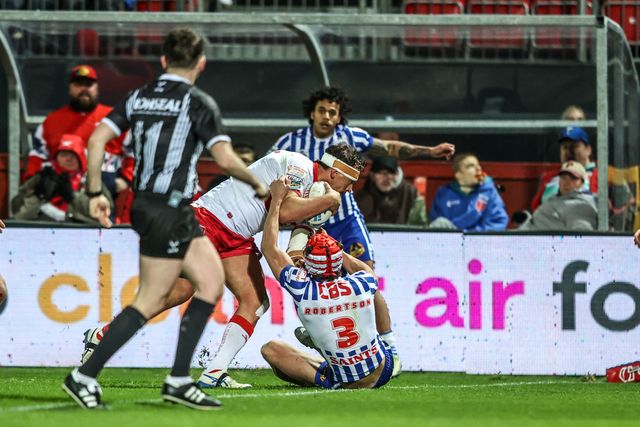 Jai Whitbread of Hull KR goes over for a try during the Betfred Super League round 6 match Hull KR vs St Helens at Sewell Group Craven Park, Hull, United Kingdom on 27 March 2026

(Photo by Alfie Cosgrove/News Images)